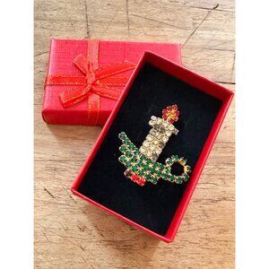 Vintage Rhinestone Candle Brooch Pin With Red Gift Box